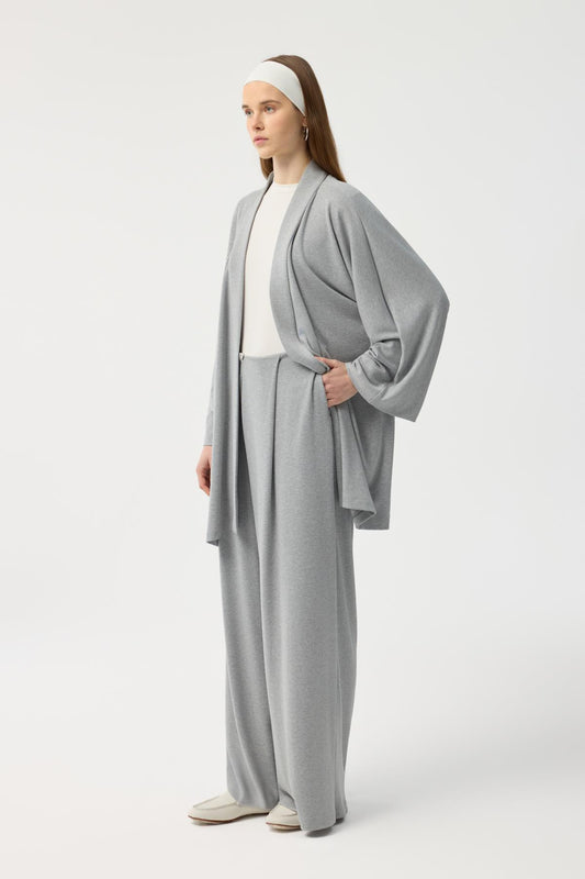 Modal Cupra Geniş Pileli Pantolon Midi Abaya Takım Gri Melanj
