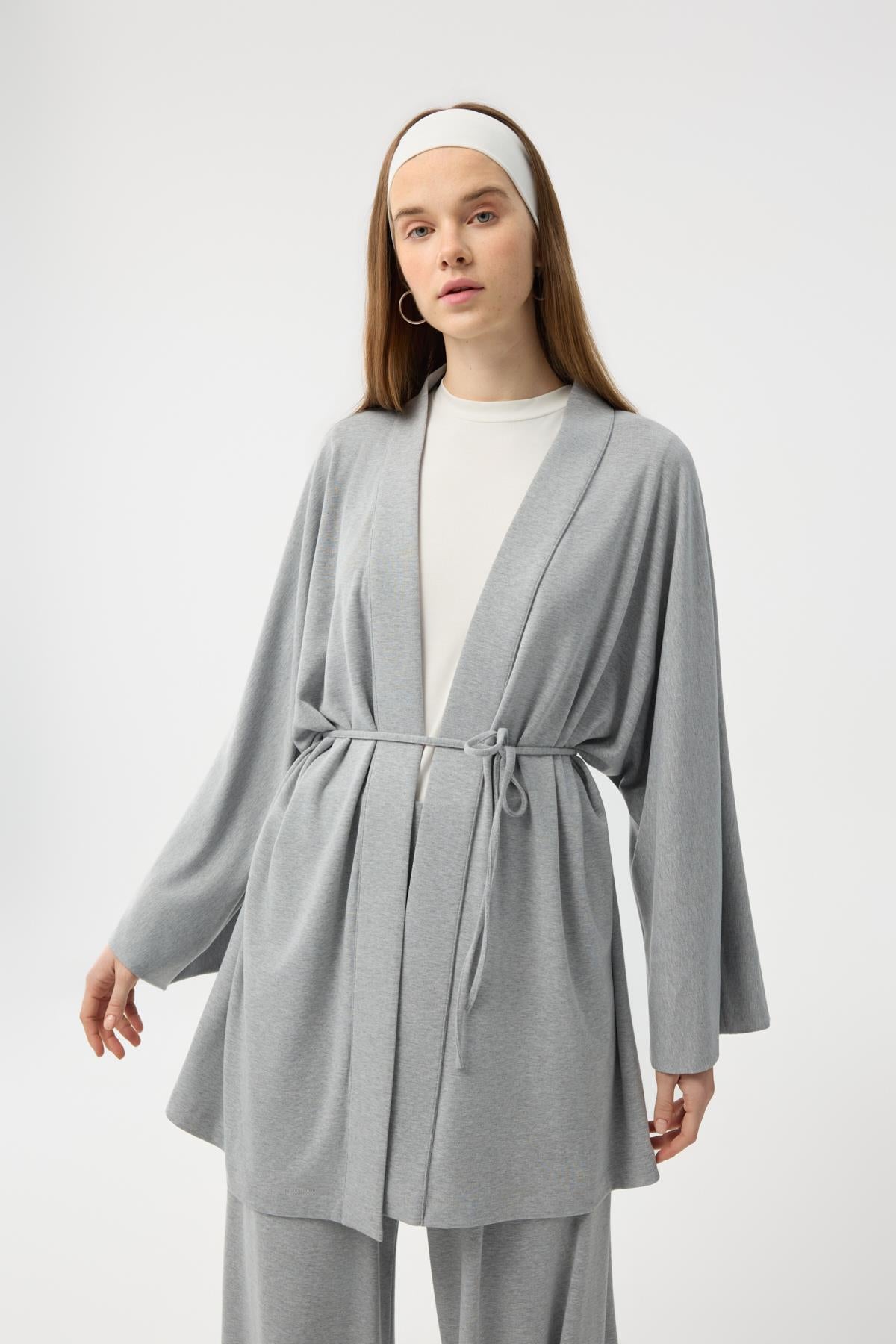 Modal Cupra Geniş Pileli Pantolon Midi Abaya Takım Gri Melanj