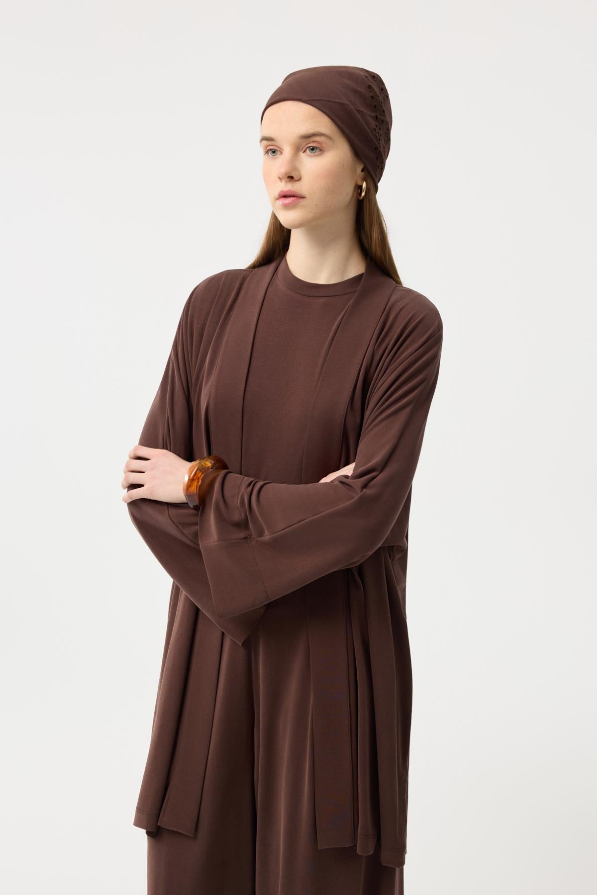 Modal Cupra Geniş Pileli Pantolon Midi Abaya Takım Kahverengi
