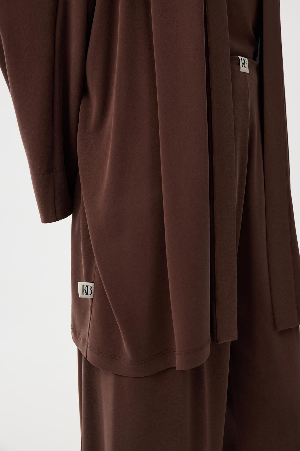Modal Cupra Geniş Pileli Pantolon Midi Abaya Takım Kahverengi