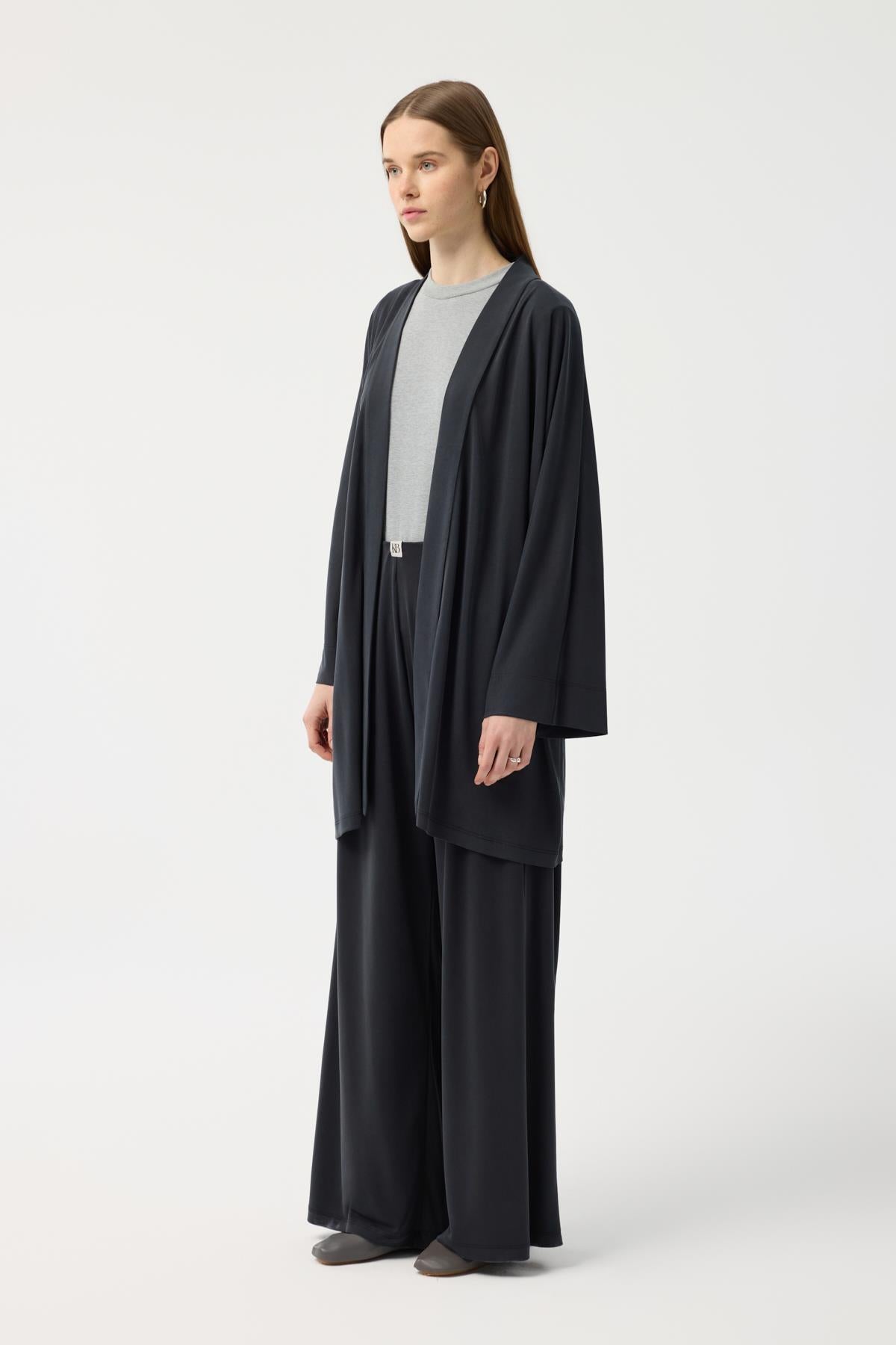 Modal Cupra Geniş Pileli Pantolon Midi Abaya Takım Siyah