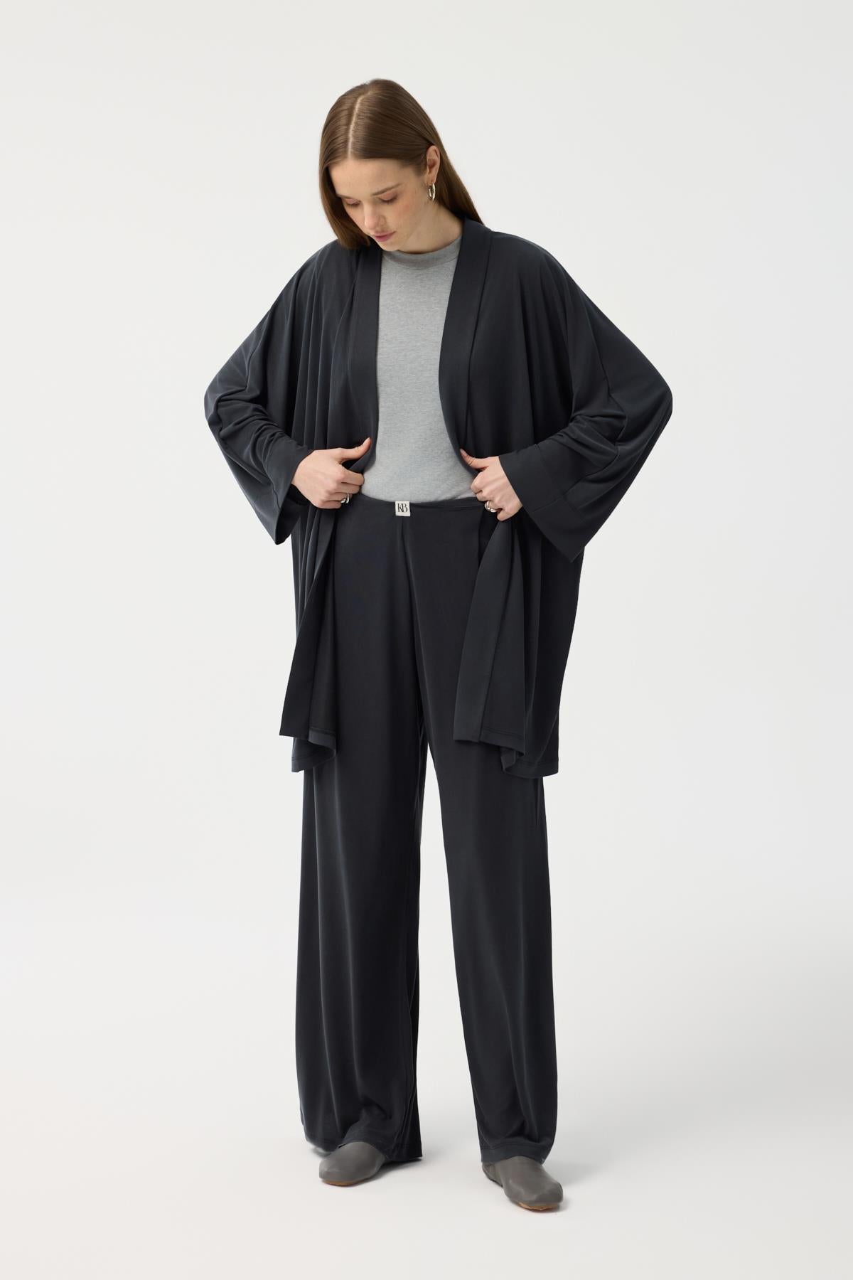 Modal Cupra Geniş Pileli Pantolon Midi Abaya Takım Siyah