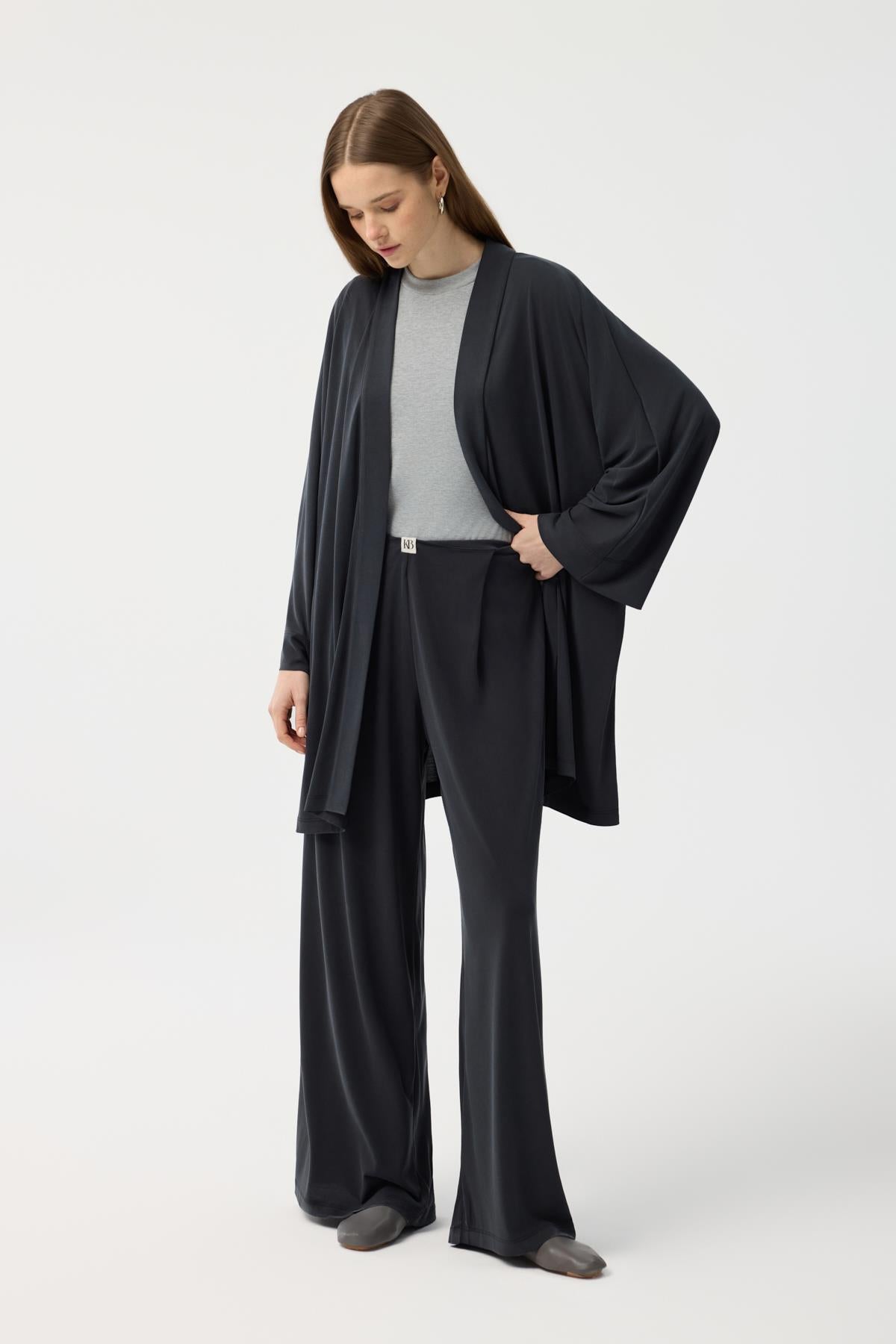 Modal Cupra Geniş Pileli Pantolon Midi Abaya Takım Siyah