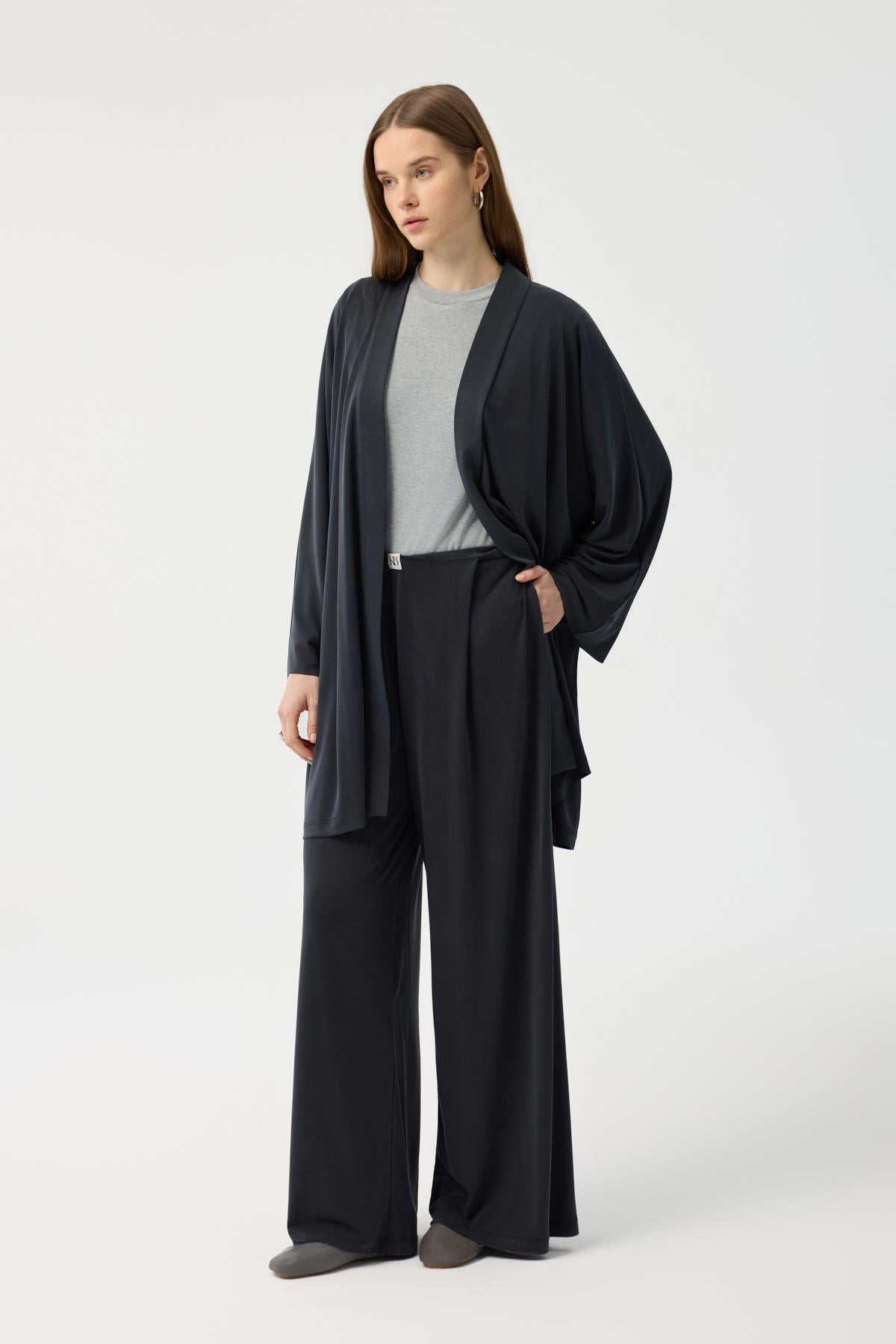 Modal Cupra Geniş Pileli Pantolon Midi Abaya Takım Siyah