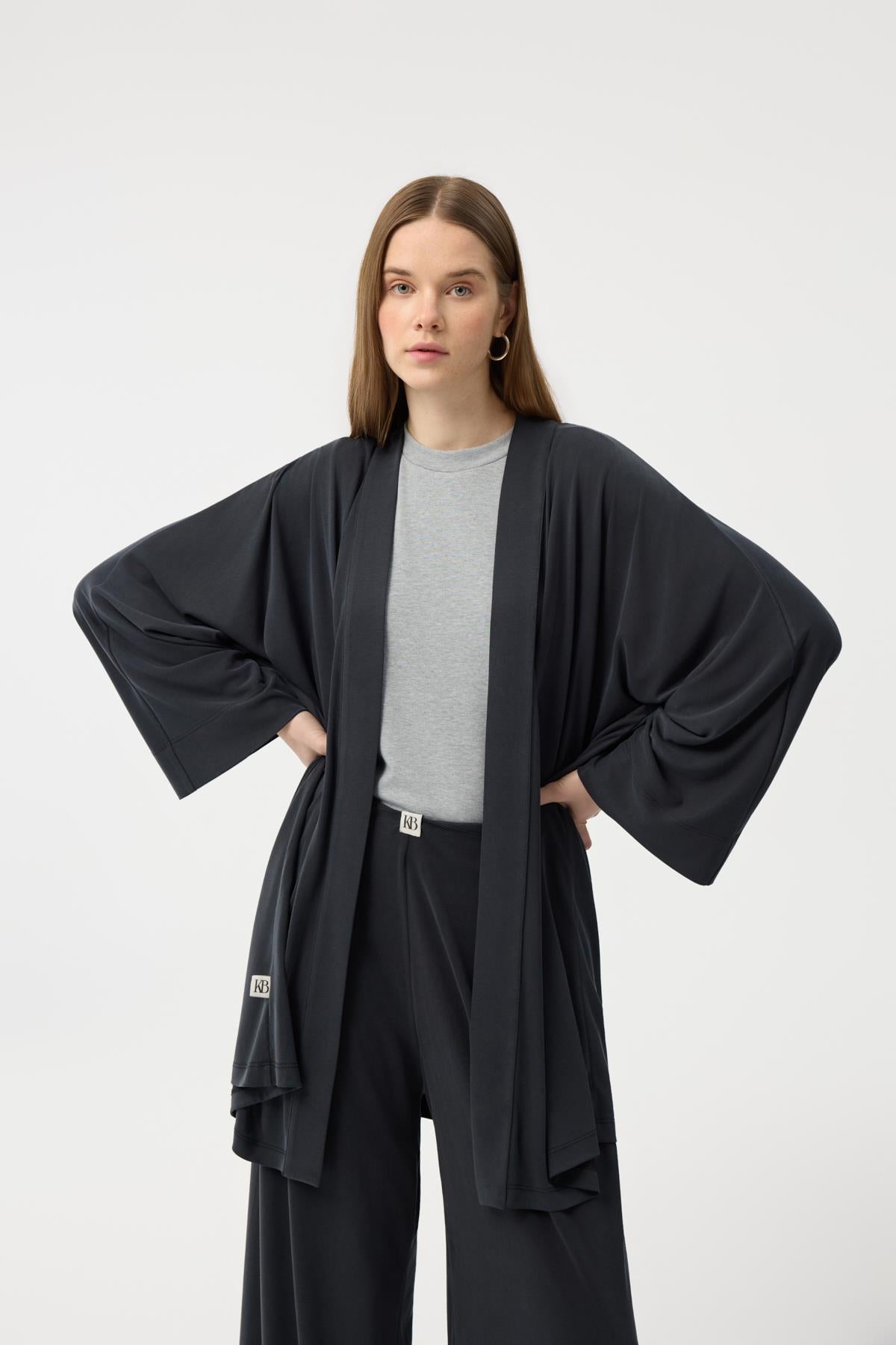 Modal Cupra Geniş Pileli Pantolon Midi Abaya Takım Siyah