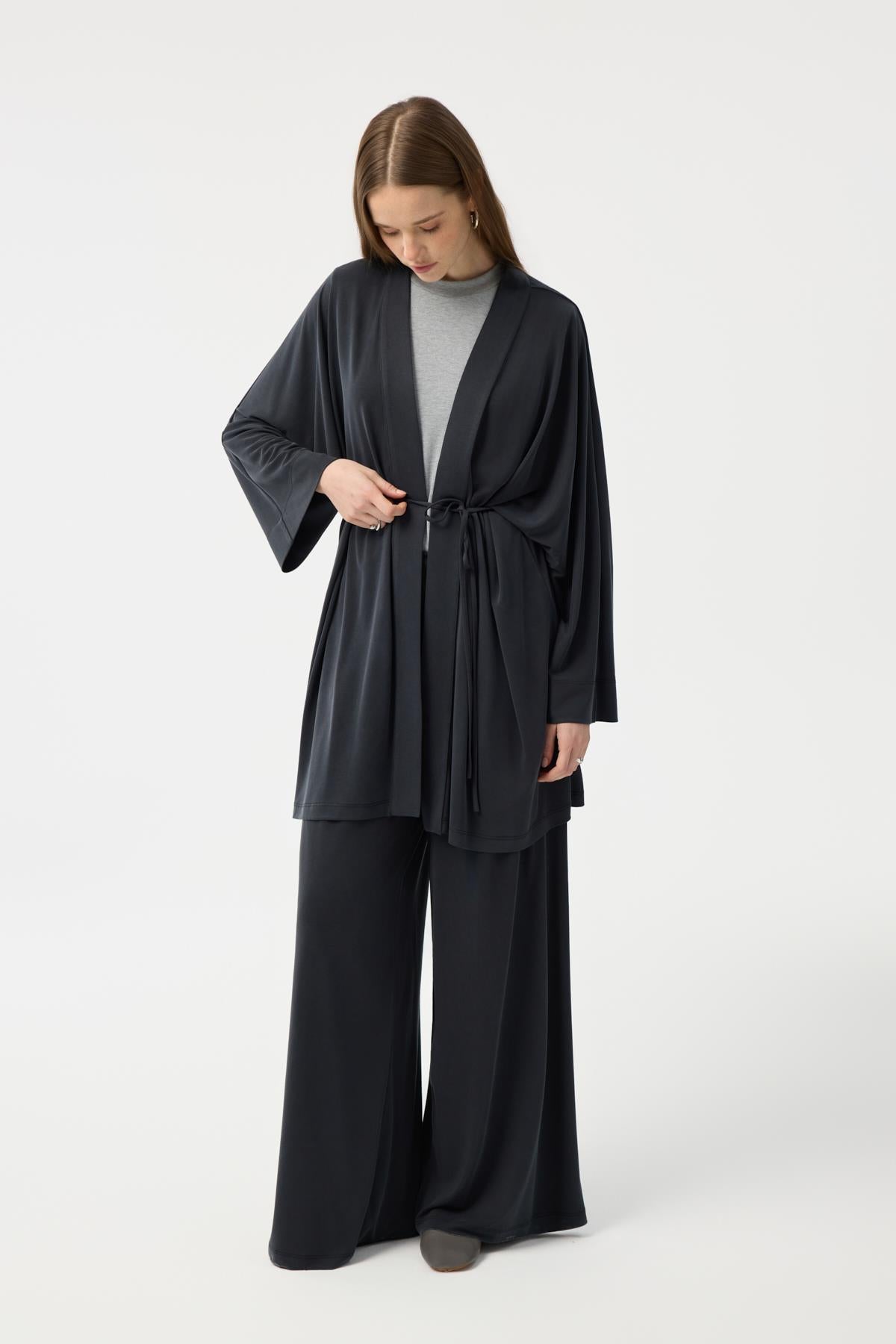 Modal Cupra Geniş Pileli Pantolon Midi Abaya Takım Siyah
