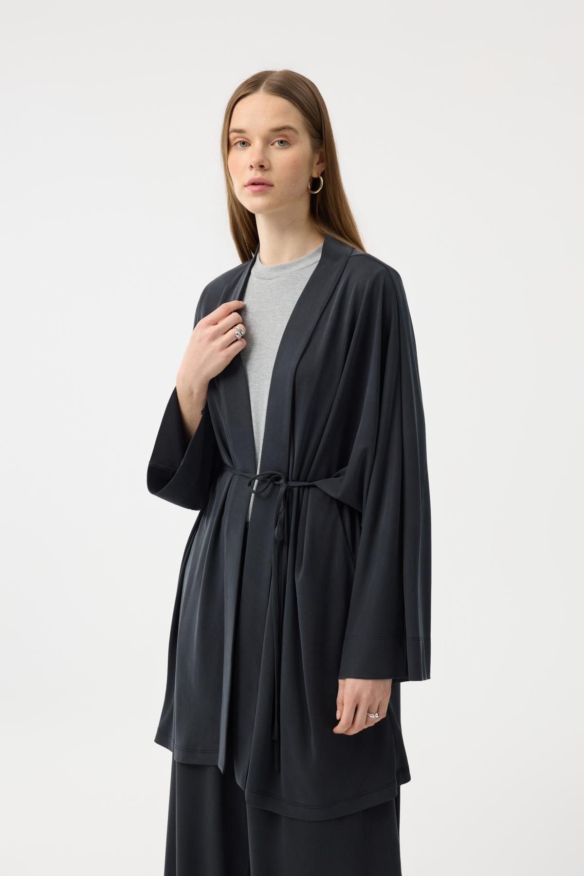 Modal Cupra Geniş Pileli Pantolon Midi Abaya Takım Siyah