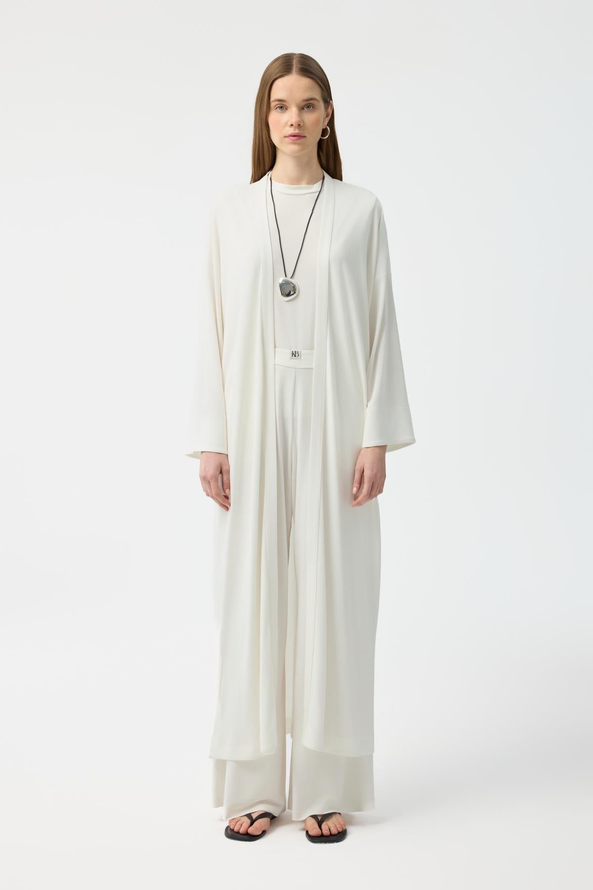 Modal Cupra Pantolon Bluz Abaya Takım Ekru