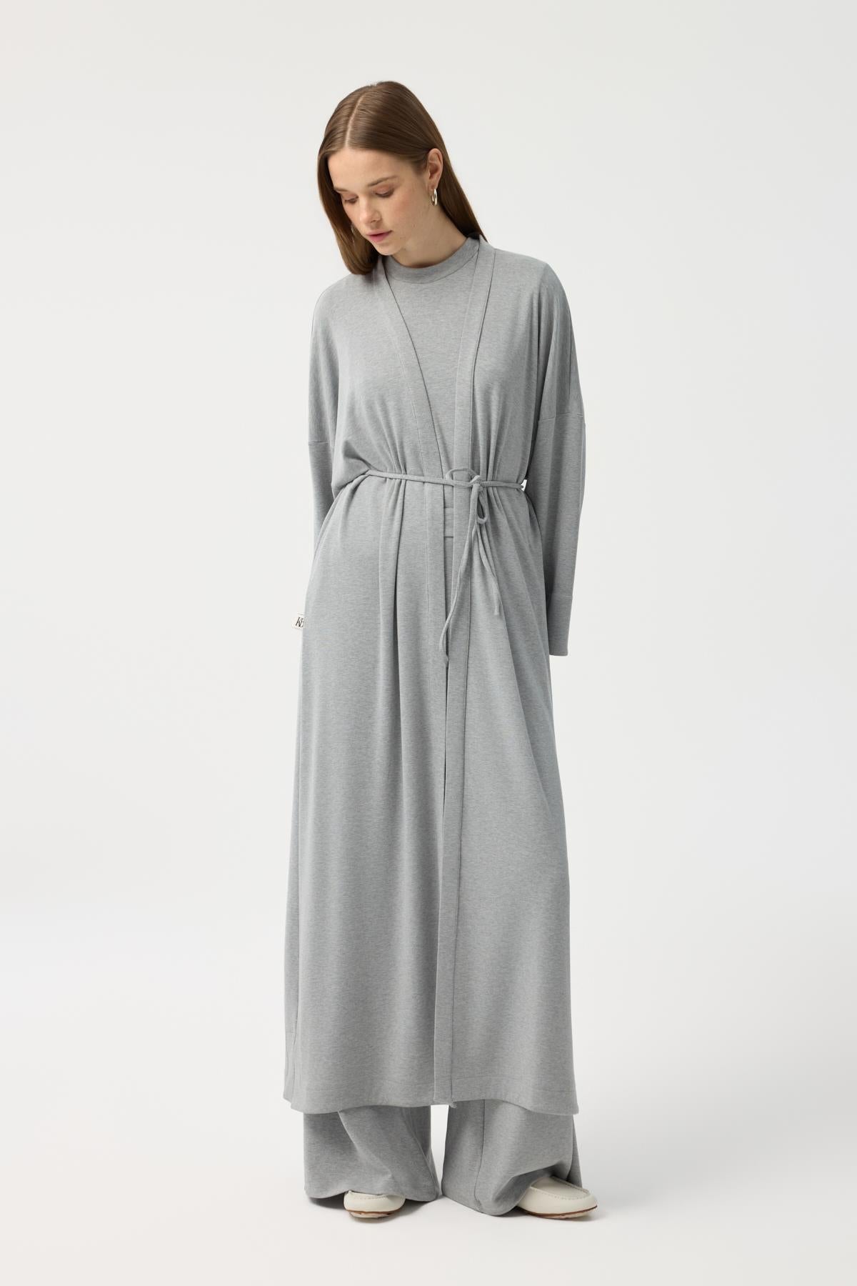 Modal Cupra Pantolon Bluz Abaya Takım Gri Melanj
