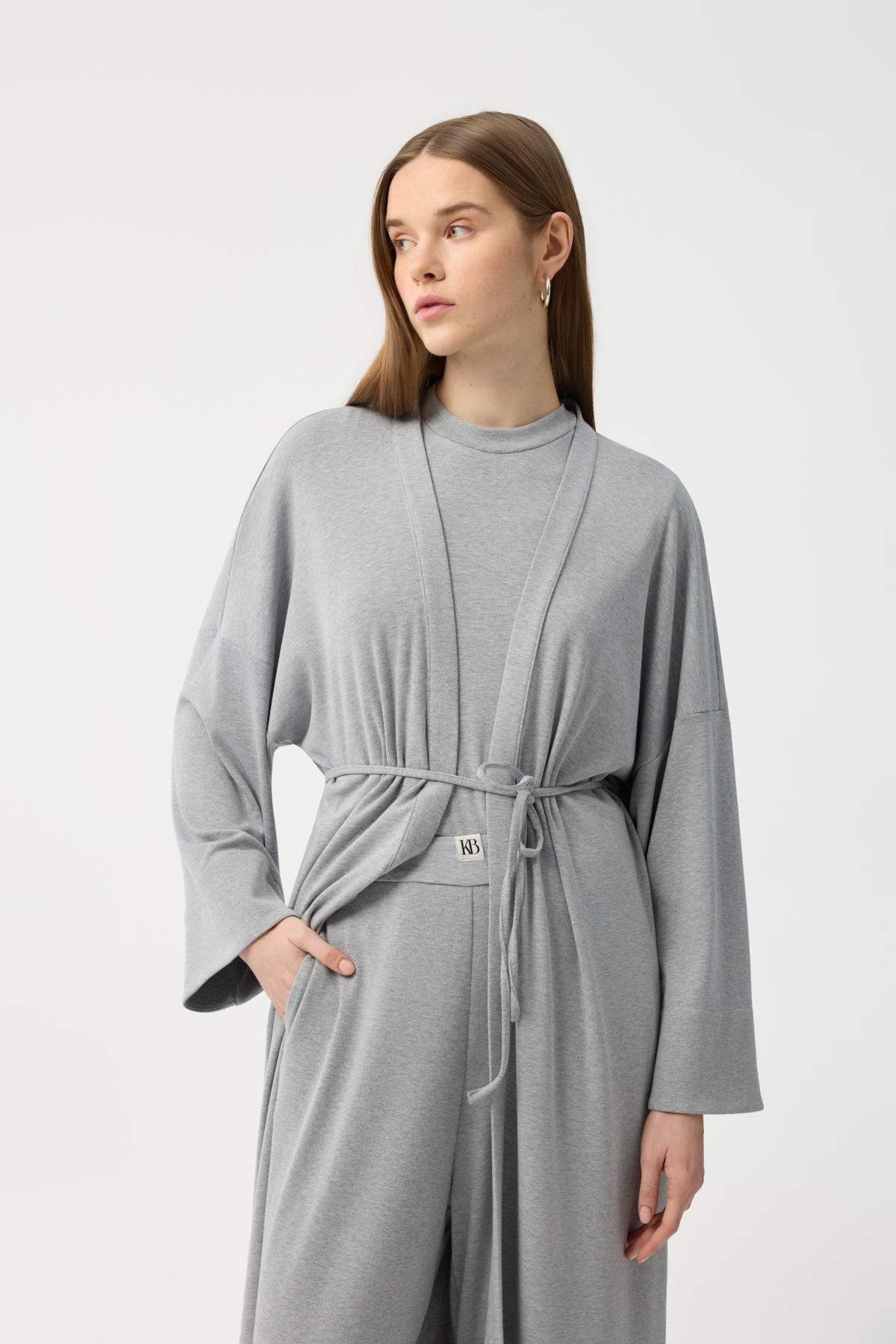 Modal Cupra Pantolon Bluz Abaya Takım Gri Melanj