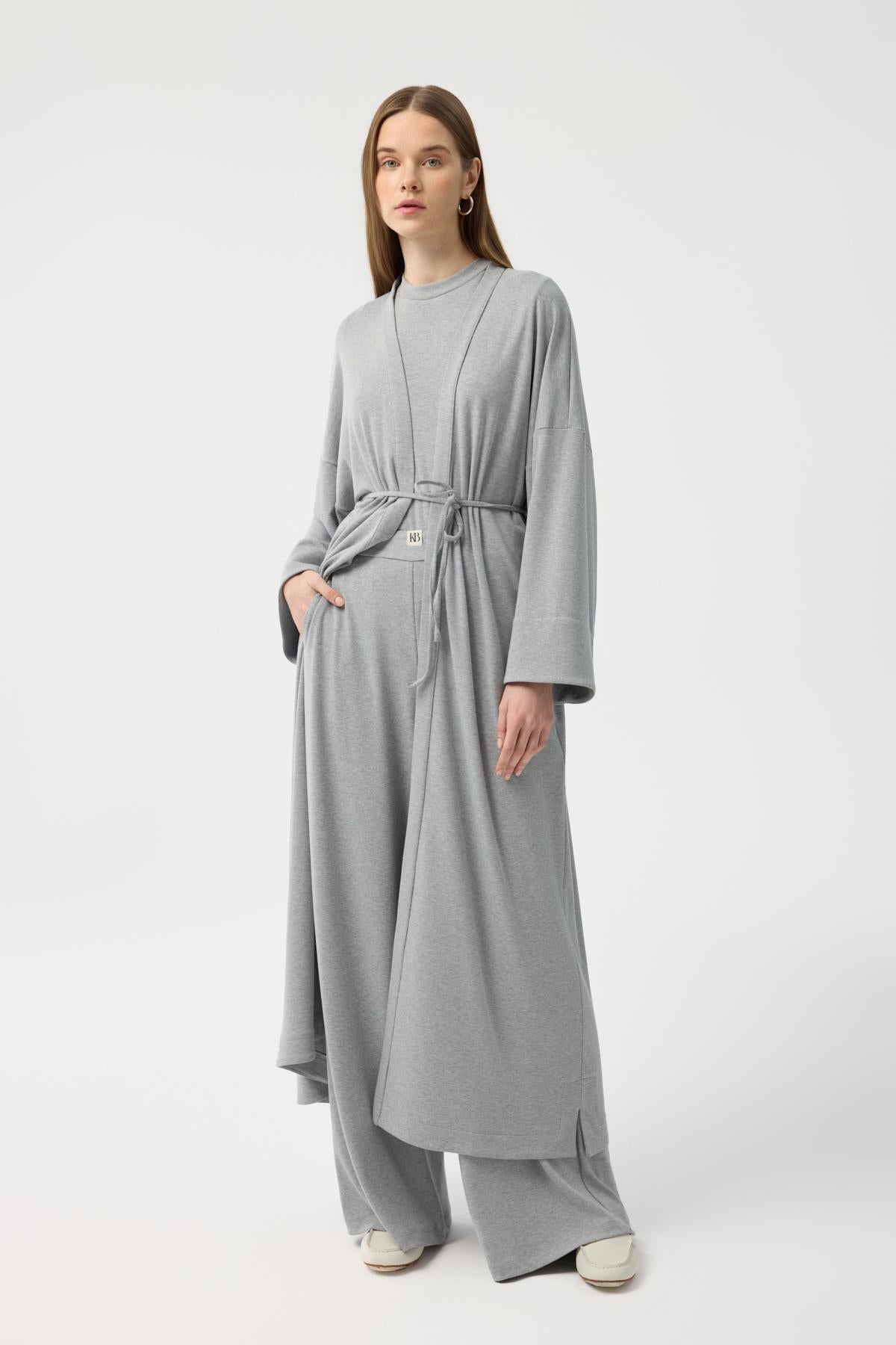 Modal Cupra Pantolon Bluz Abaya Takım Gri Melanj