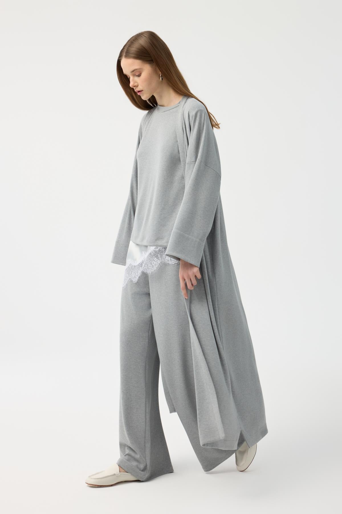 Modal Cupra Pantolon Bluz Abaya Takım Gri Melanj