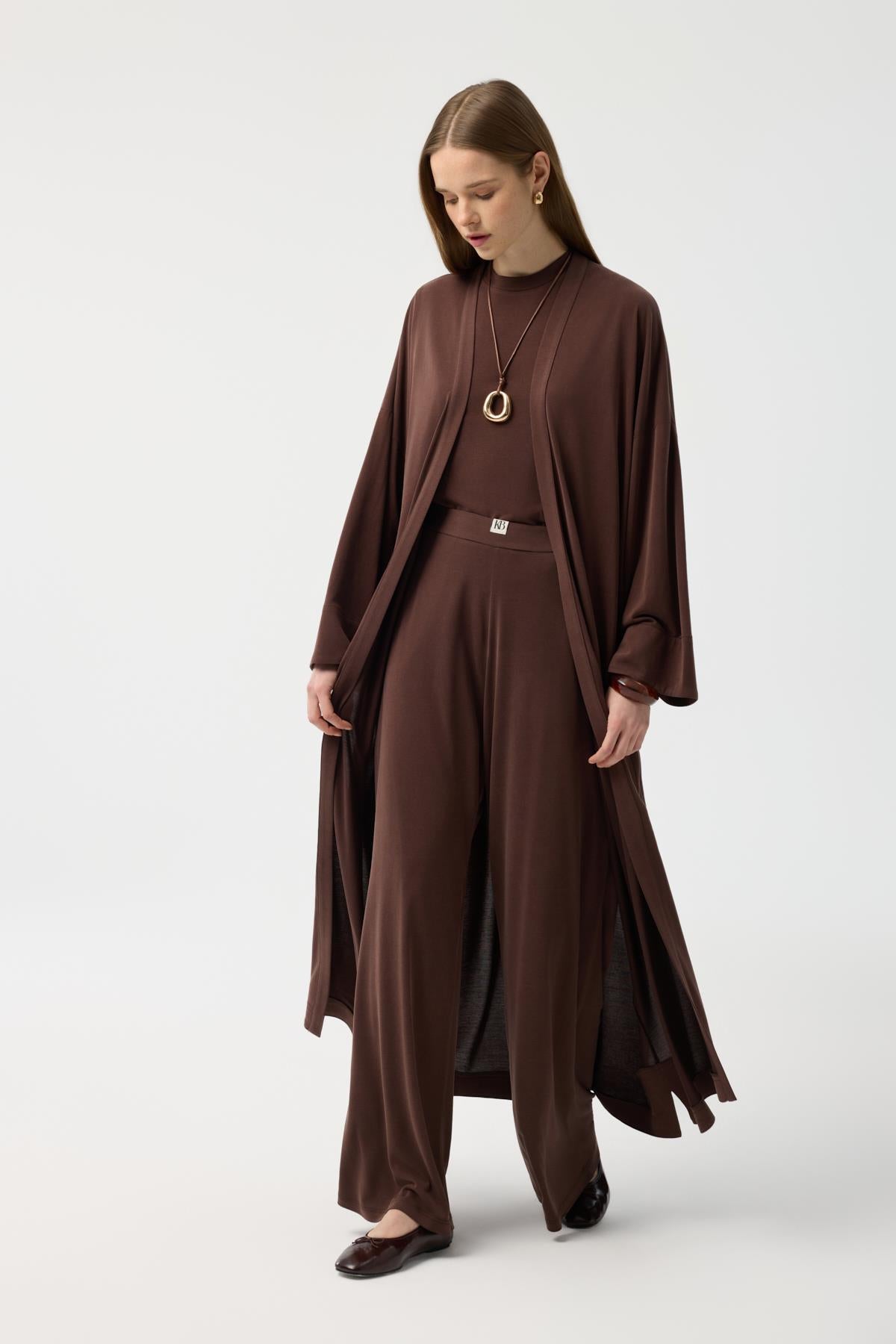 Modal Cupra Pantolon Bluz Abaya Takım Kahverengi