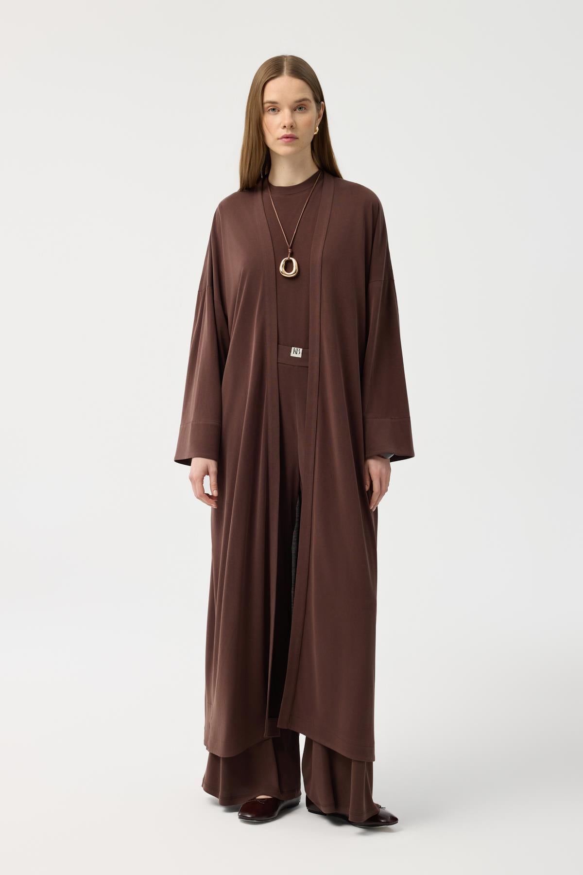 Modal Cupra Pantolon Bluz Abaya Takım Kahverengi