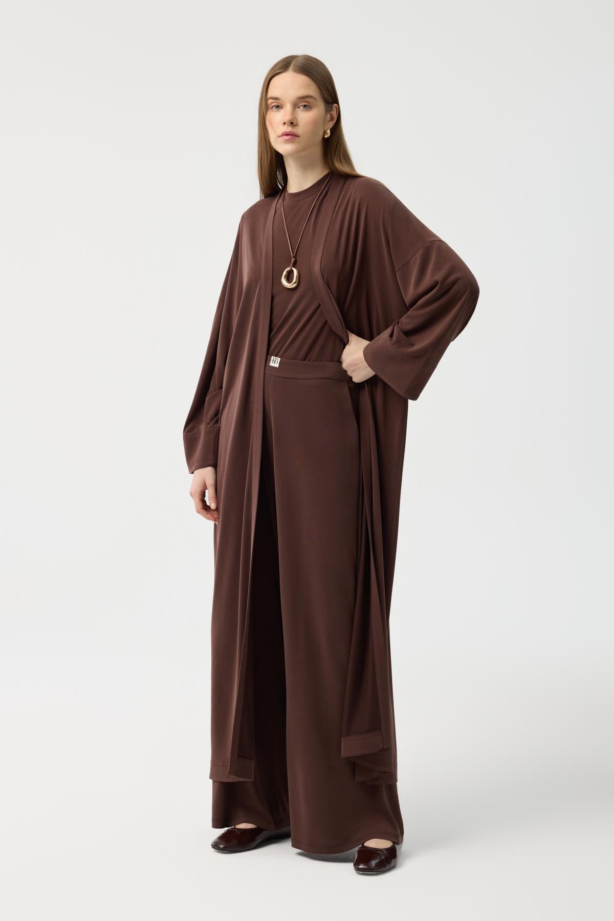 Modal Cupra Pantolon Bluz Abaya Takım Kahverengi