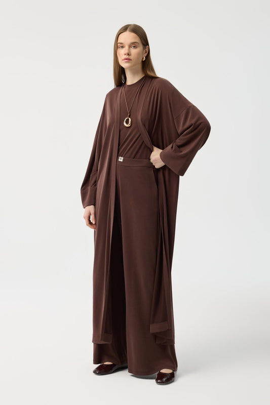 Modal Cupra Pantolon Bluz Abaya Takım Kahverengi