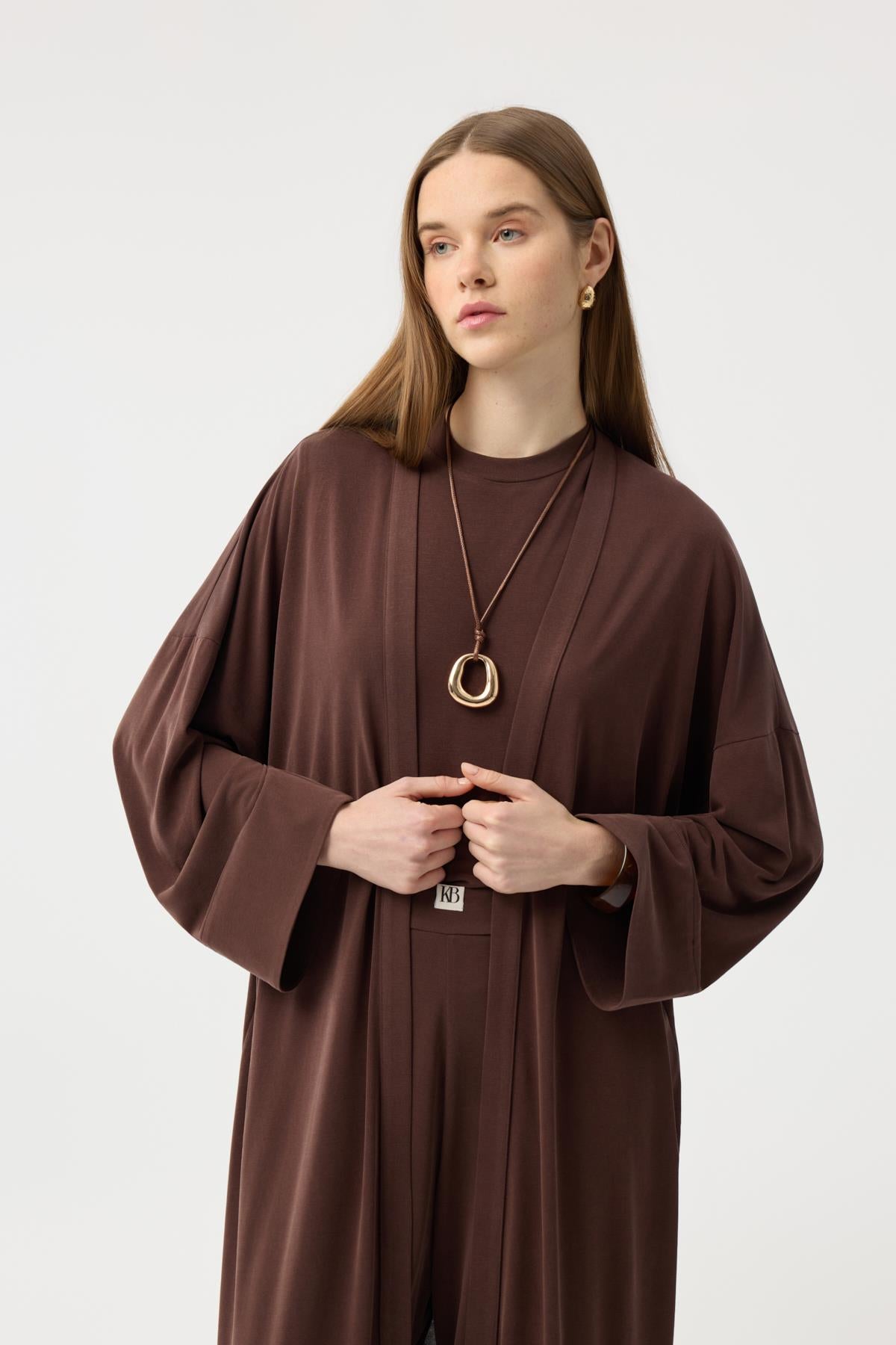 Modal Cupra Pantolon Bluz Abaya Takım Kahverengi