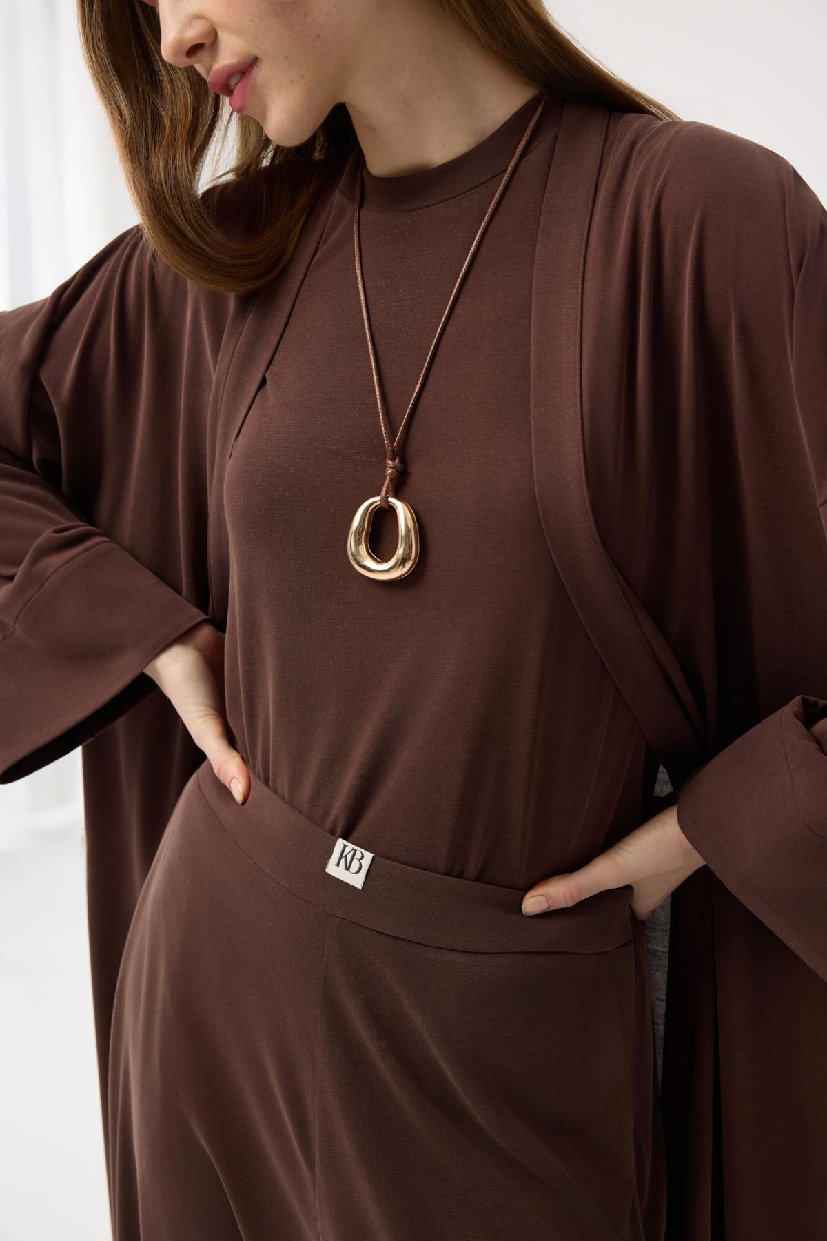 Modal Cupra Pantolon Bluz Abaya Takım Kahverengi