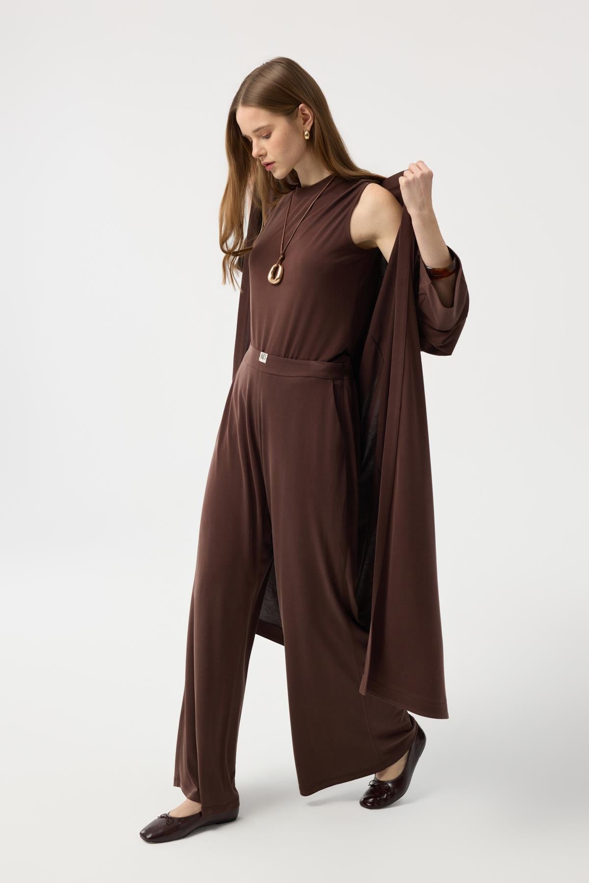 Modal Cupra Pantolon Bluz Abaya Takım Kahverengi