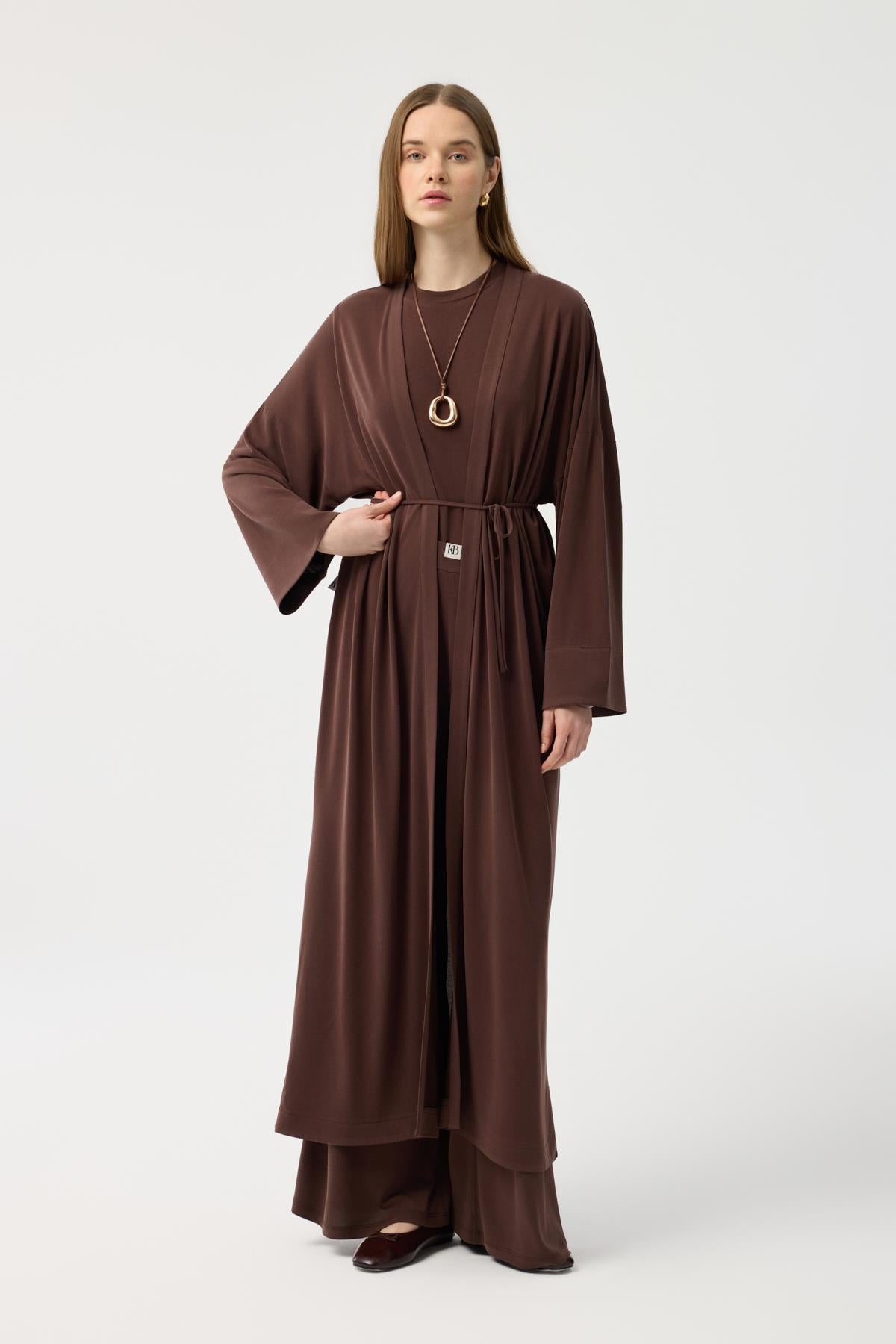 Modal Cupra Pantolon Bluz Abaya Takım Kahverengi