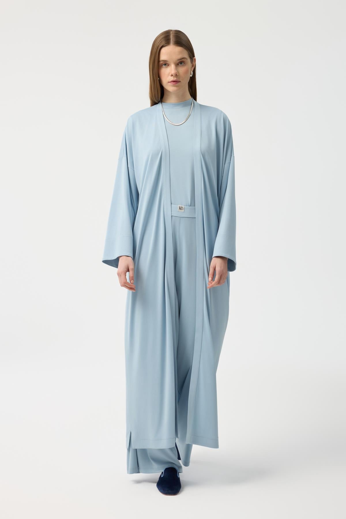 Modal Cupra Pantolon Bluz Abaya Takım Mavi