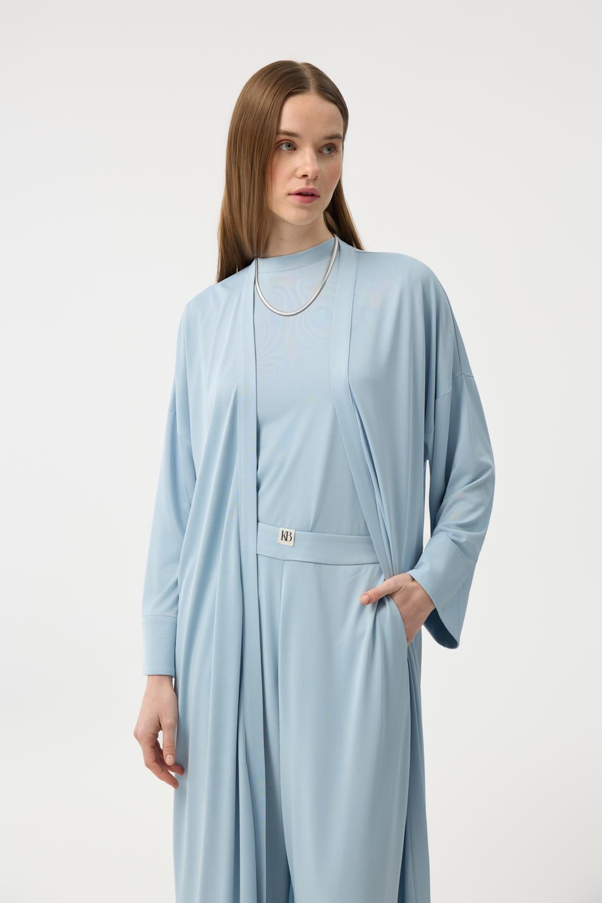 Modal Cupra Pantolon Bluz Abaya Takım Mavi