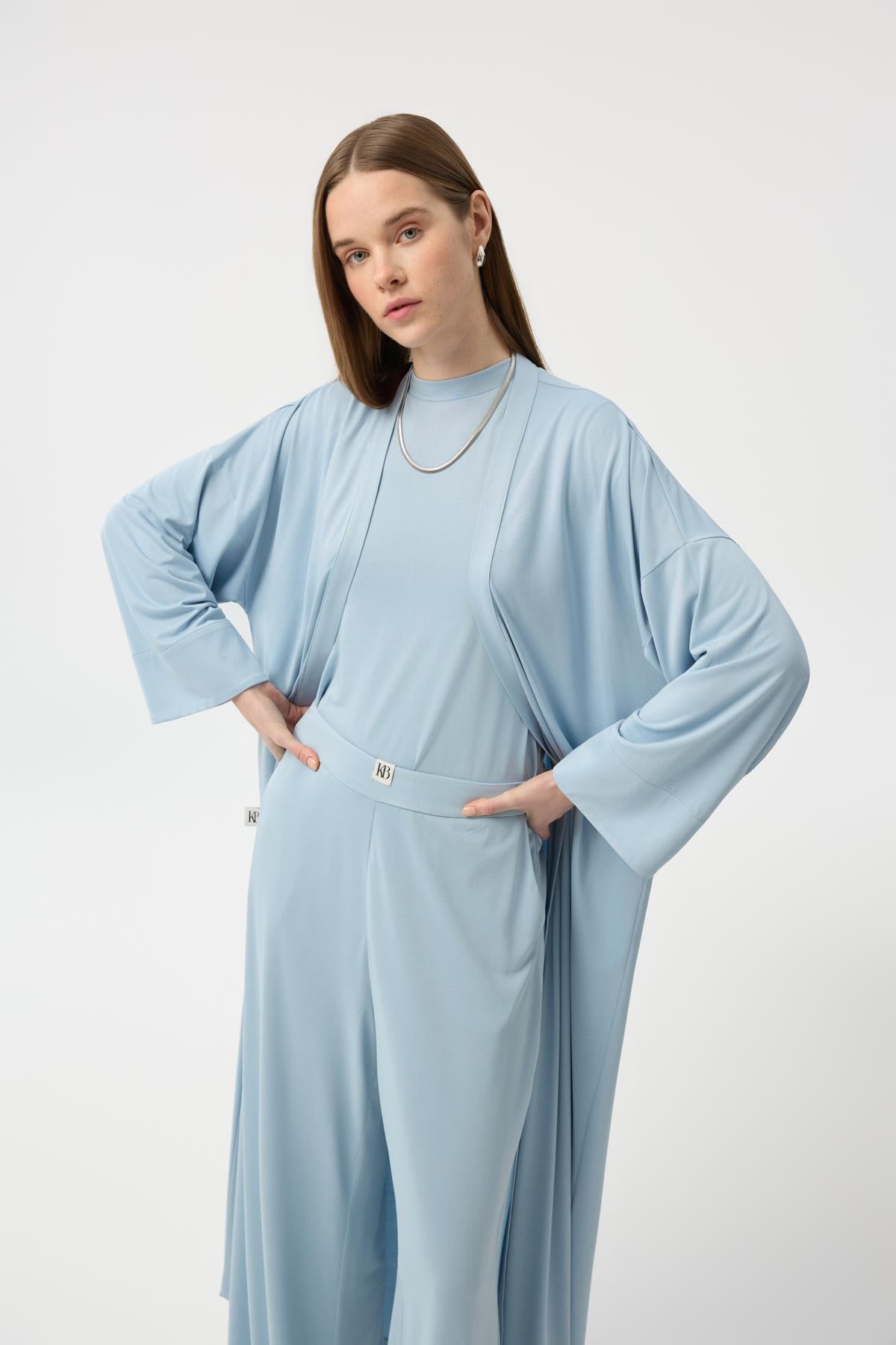 Modal Cupra Pantolon Bluz Abaya Takım Mavi