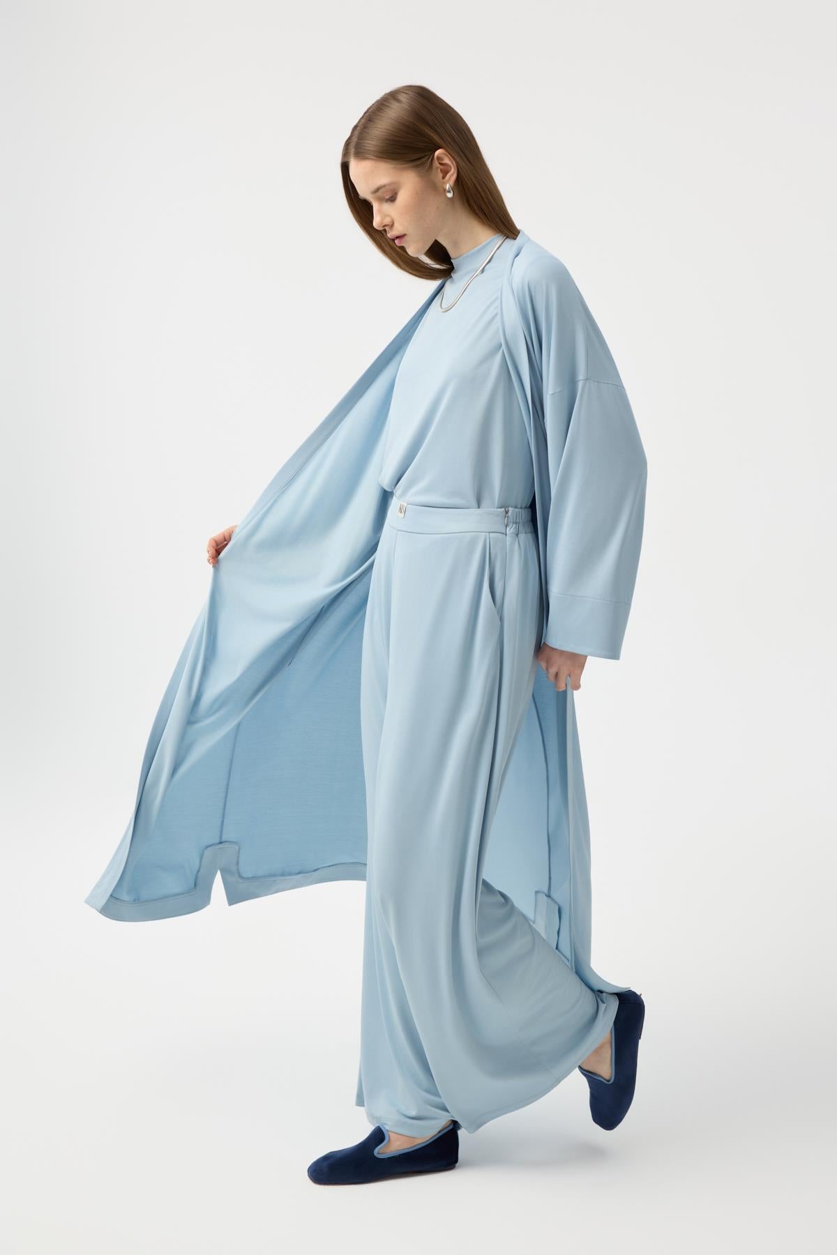 Modal Cupra Pantolon Bluz Abaya Takım Mavi