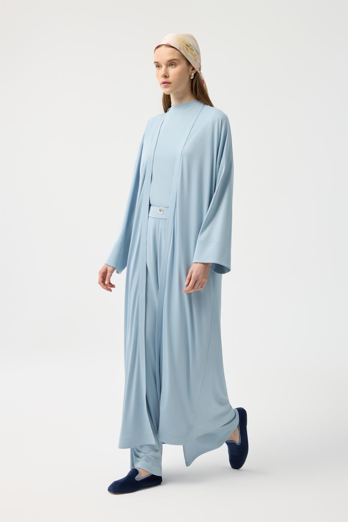 Modal Cupra Pantolon Bluz Abaya Takım Mavi