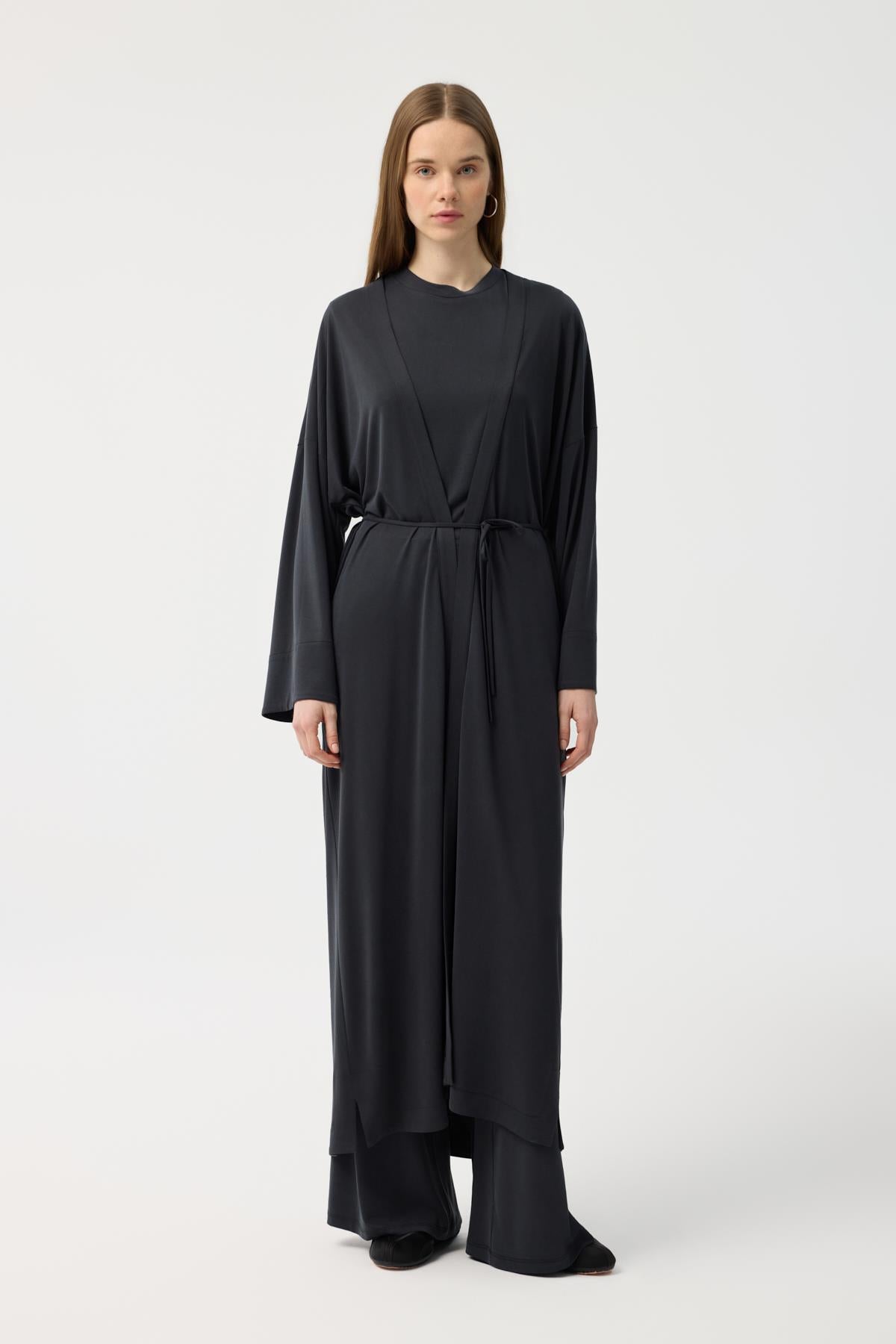 Modal Cupra Pantolon Bluz Abaya Takım Siyah