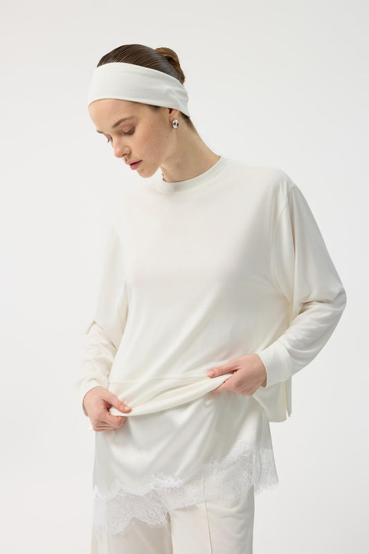 Modal Cupra Yırtmaçlı Kısa Sweatshirt Ekru