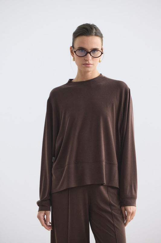 Modal Cupra Yırtmaçlı Kısa Sweatshirt Kahverengi