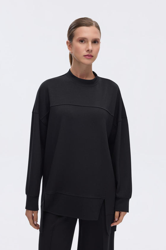 Modal Örme Asimetrik Kesim Sweatshirt Siyah