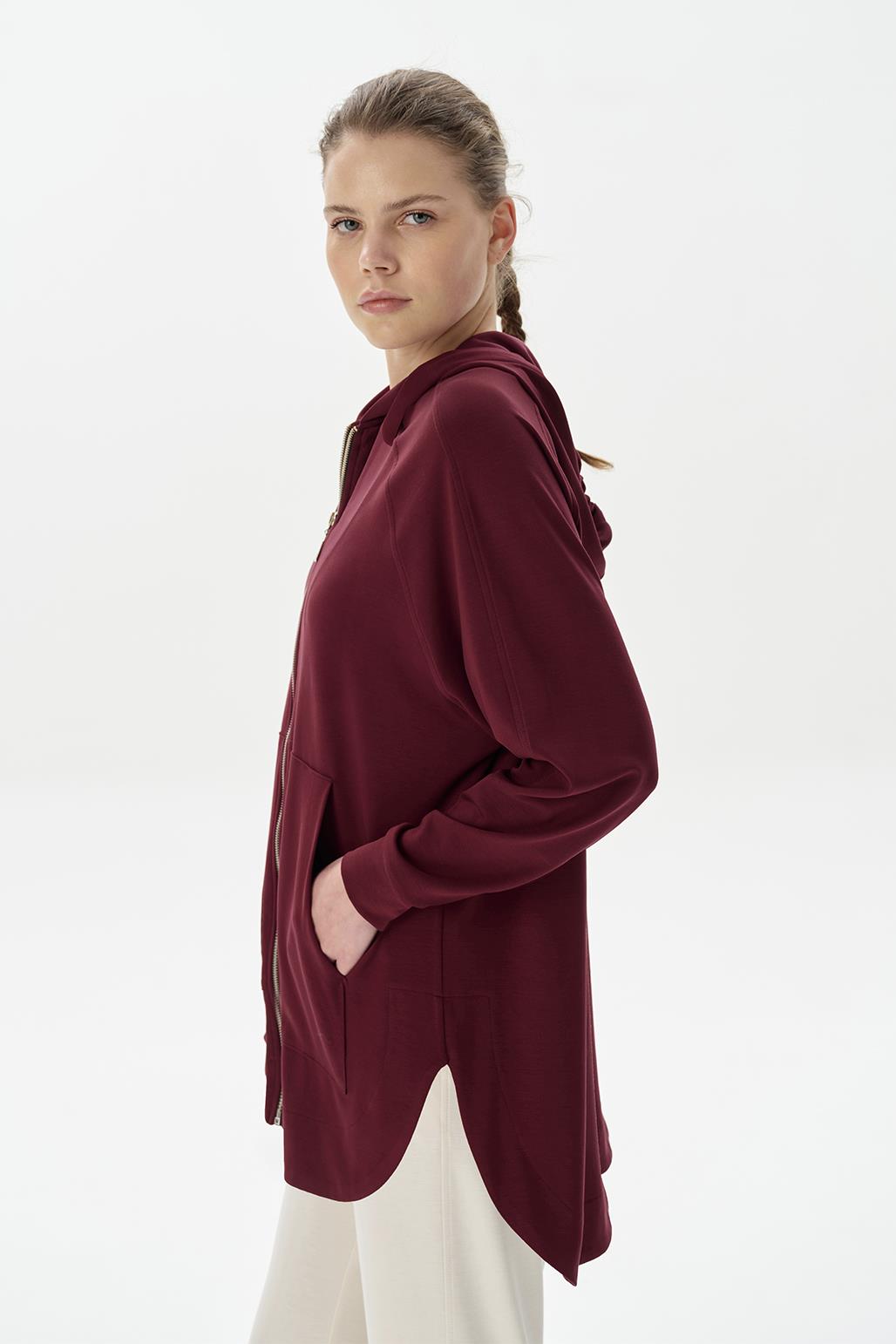 Modal Örme Kapüşonlu Oversize Hırka Bordo