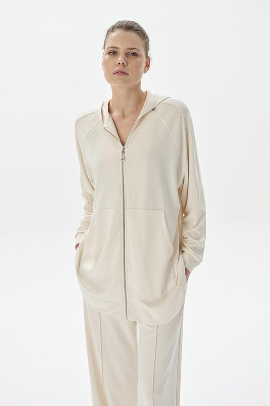Modal Örme Kapüşonlu Oversize Hırka Ekru