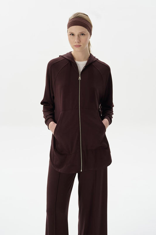 Modal Örme Kapüşonlu Oversize Hırka Kahve