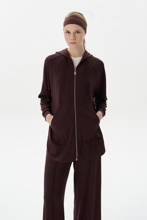 Modal Örme Kapüşonlu Oversize Hırka Kahve