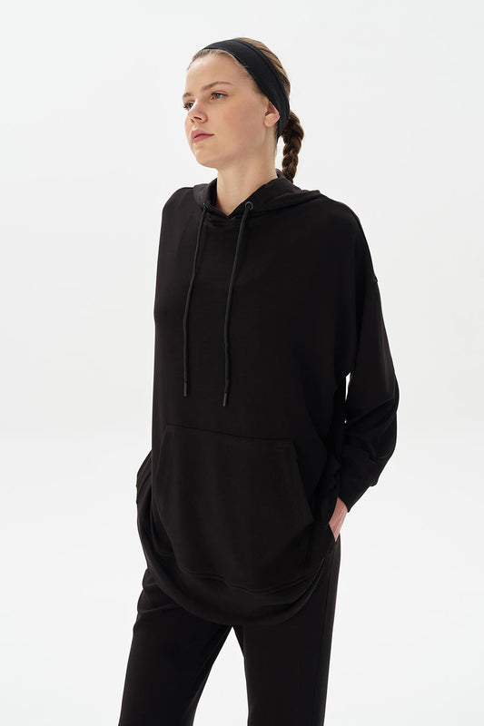 Modal Örme Kapüşonlu Oversize Sweatshirt Siyah