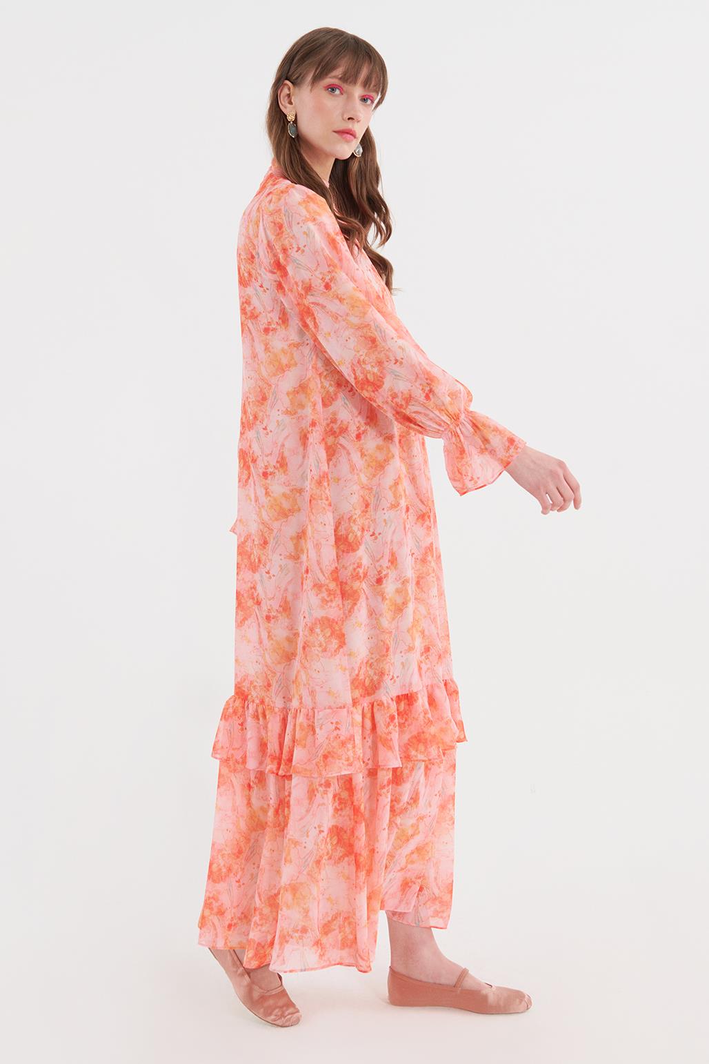 Nervürlü Fırfırlı Kol Desenli Şifon Elbise Somon