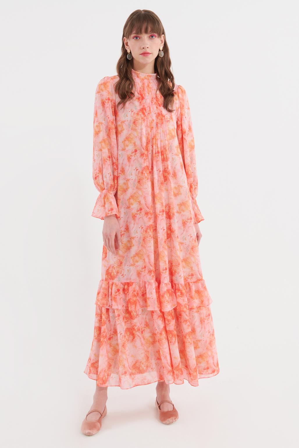 Nervürlü Fırfırlı Kol Desenli Şifon Elbise Somon