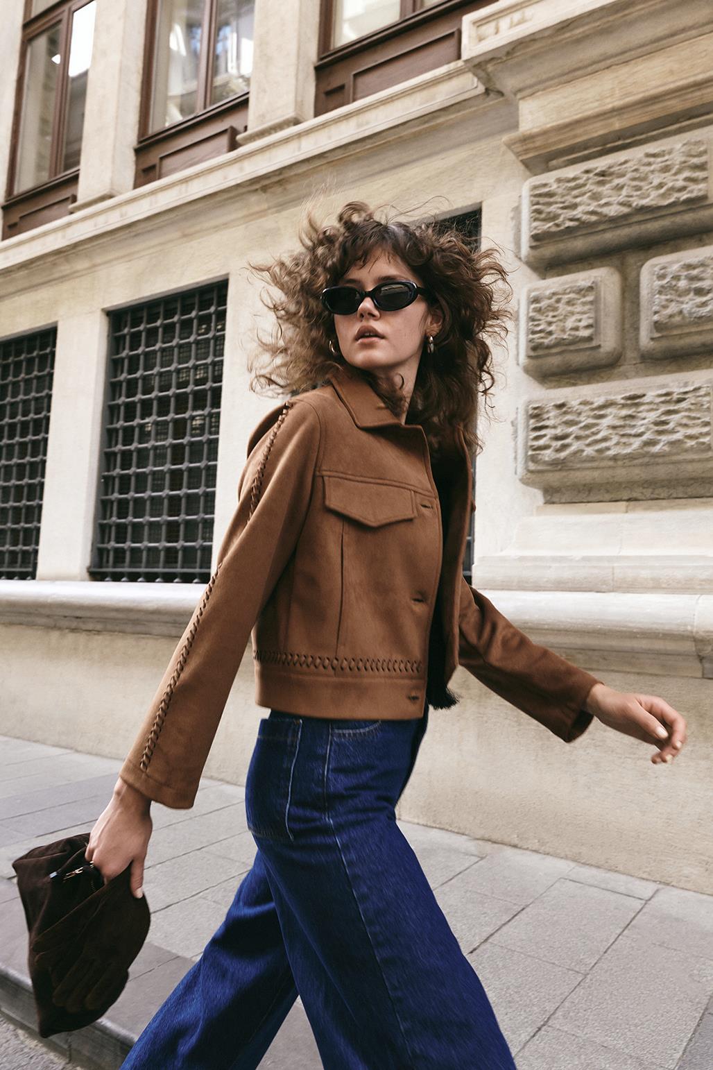 Örgü Detaylı Cepli Kısa Süet Ceket Taba