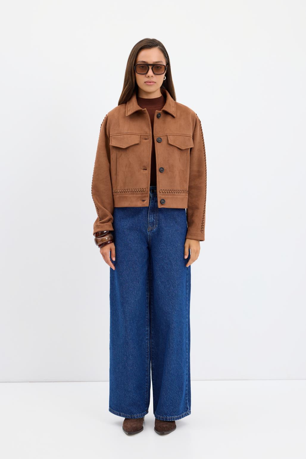 Örgü Detaylı Cepli Kısa Süet Ceket Taba