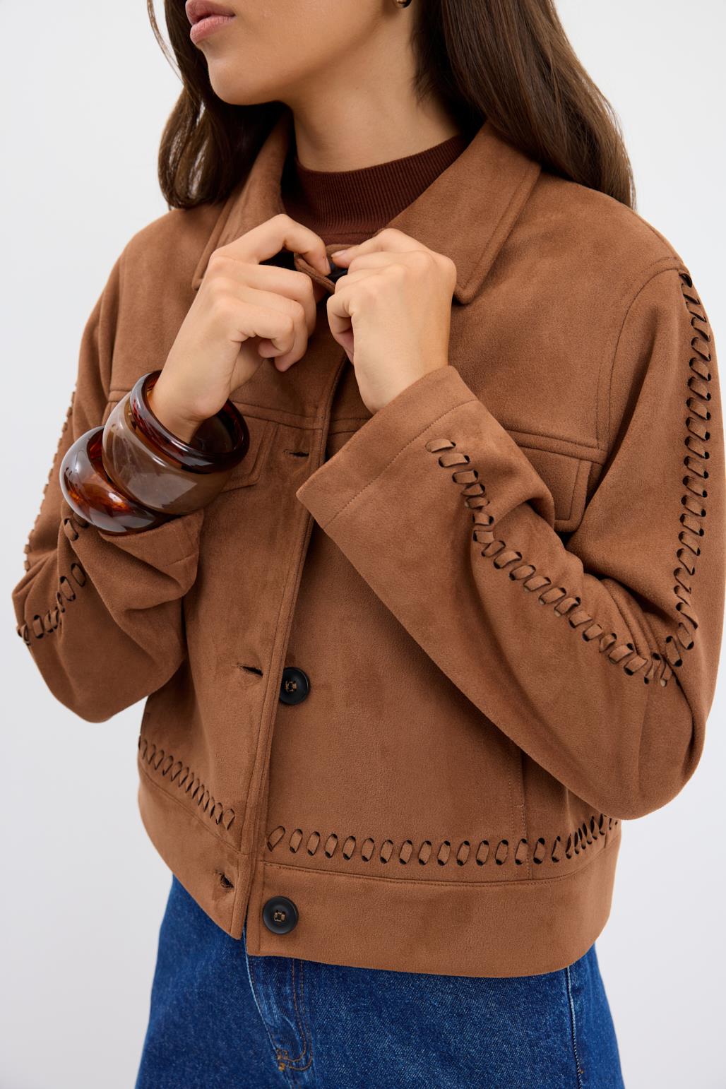 Örgü Detaylı Cepli Kısa Süet Ceket Taba