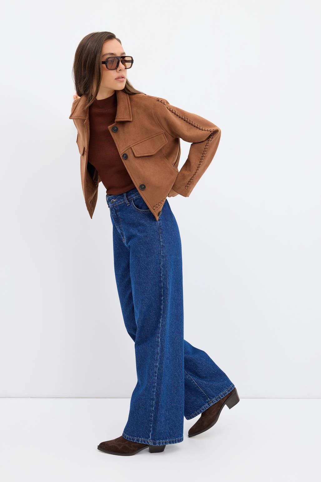 Örgü Detaylı Cepli Kısa Süet Ceket Taba