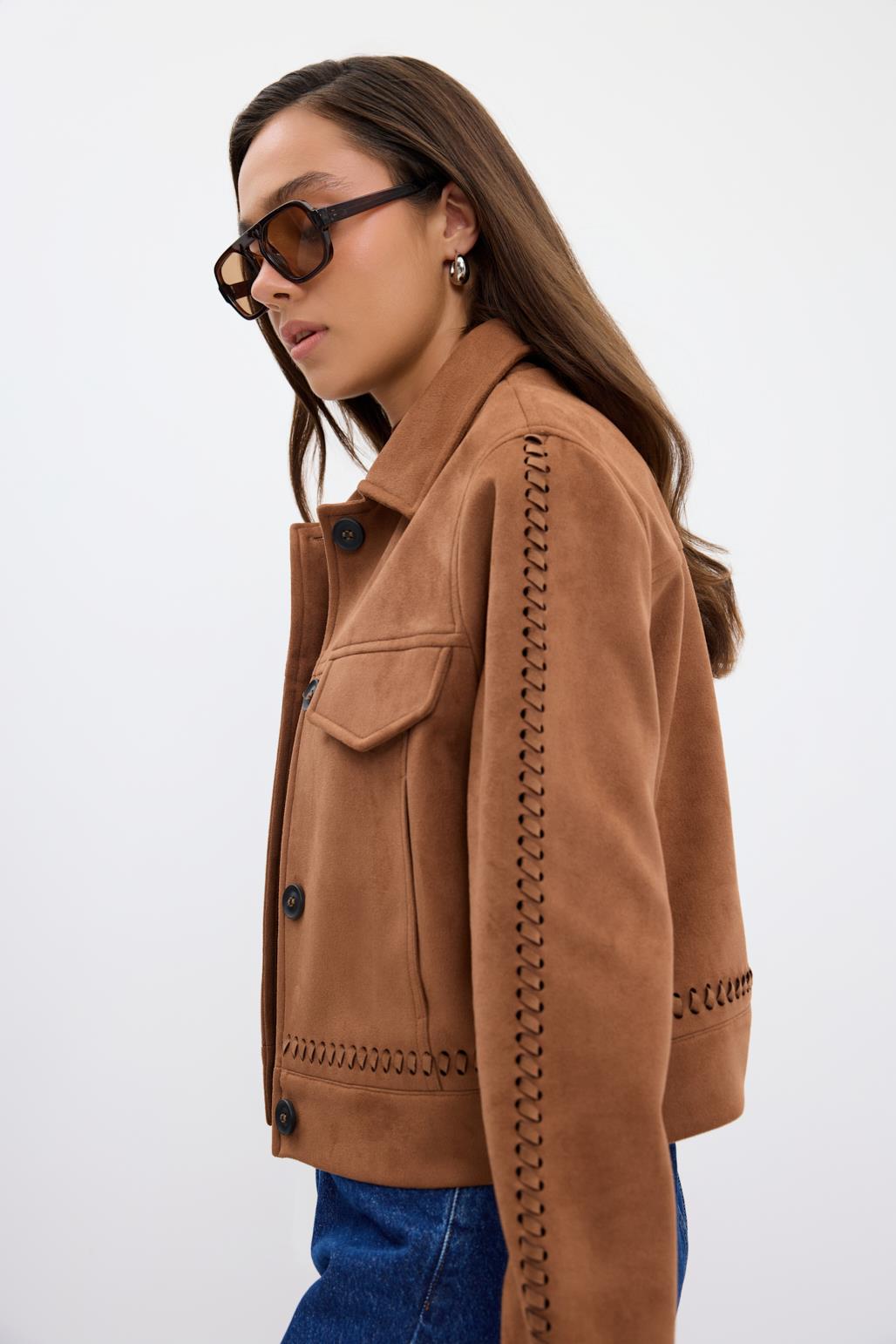 Örgü Detaylı Cepli Kısa Süet Ceket Taba