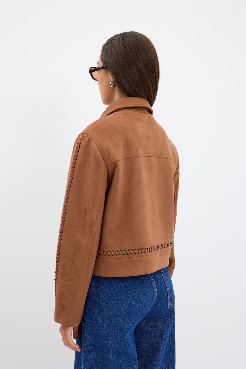 Örgü Detaylı Cepli Kısa Süet Ceket Taba