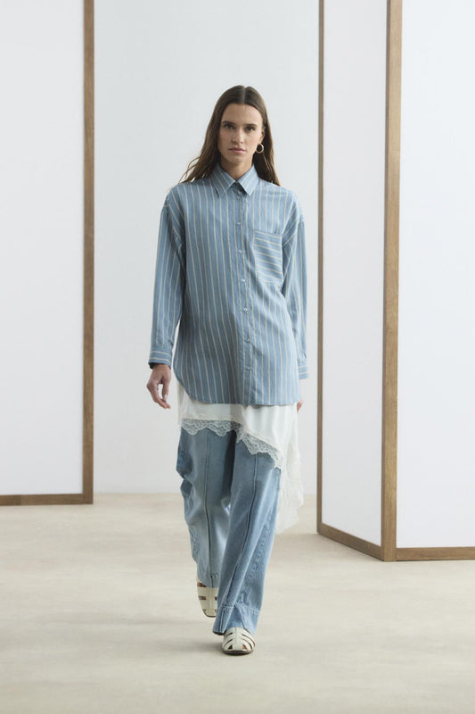 Oversize Çizgili Gömlek Açık  Mavi