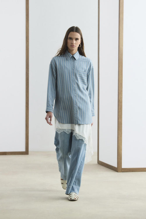 Oversize Çizgili Gömlek Açık  Mavi