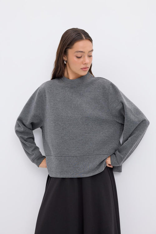 Oversize Yandan Yırtmaçlı Kısa Sweatshirt Antrasit Gri
