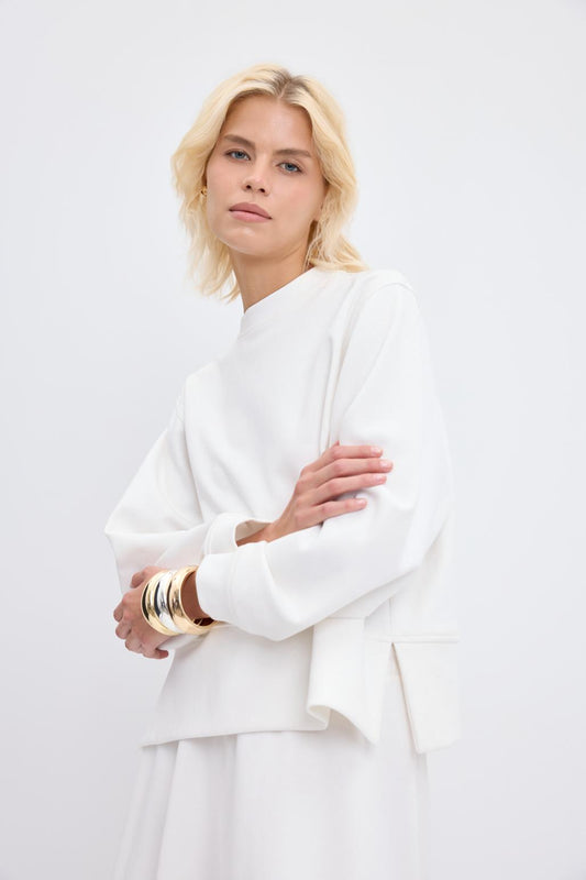 Oversize Yandan Yırtmaçlı Kısa Sweatshirt Ekru